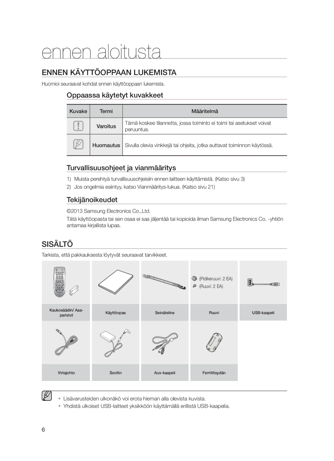 Samsung HW-F350/XE manual Ennen aloitusta, Ennen Käyttöoppaan Lukemista, Sisältö 