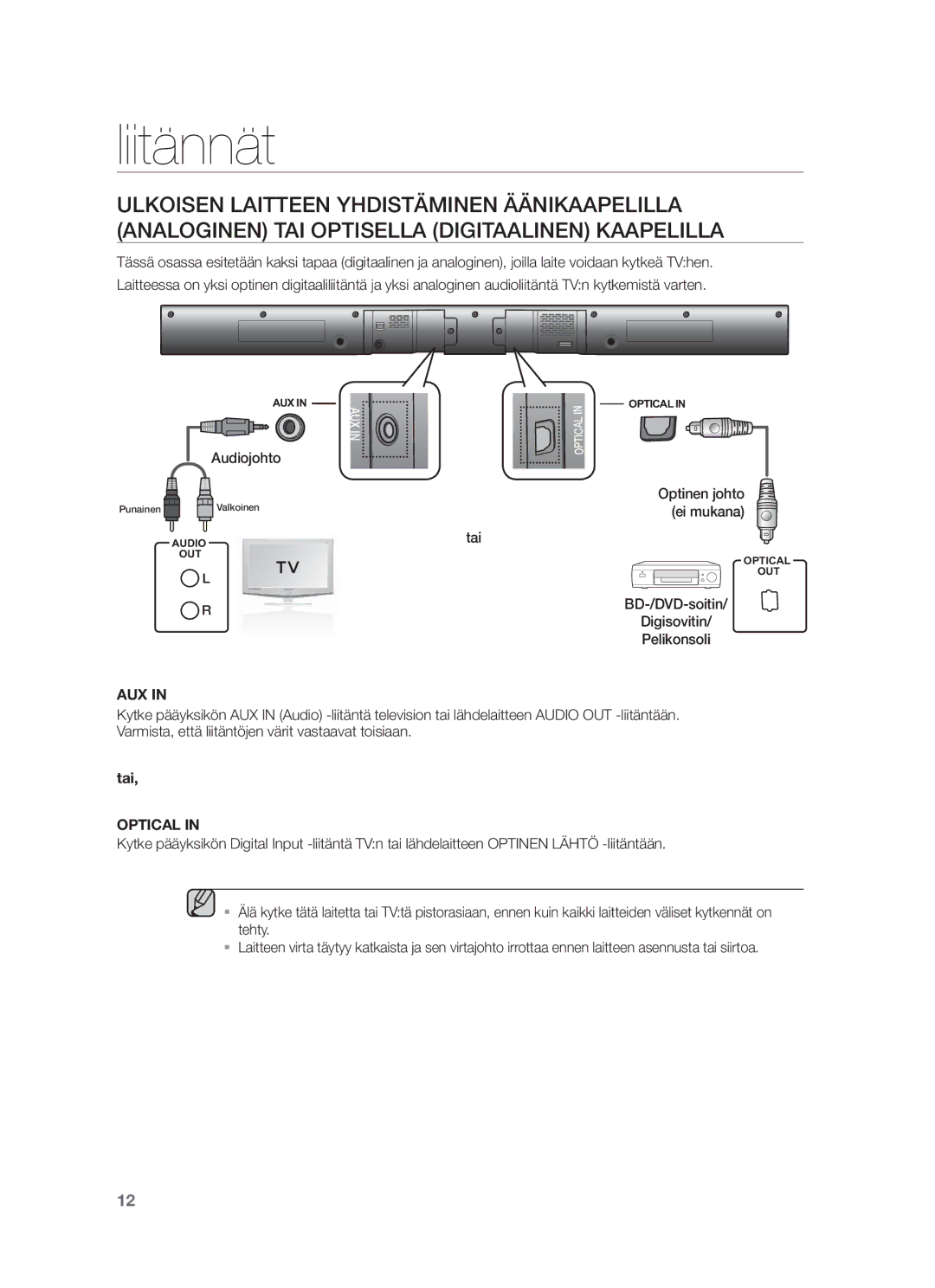 Samsung HW-F350/XE manual Audiojohto, Aux 