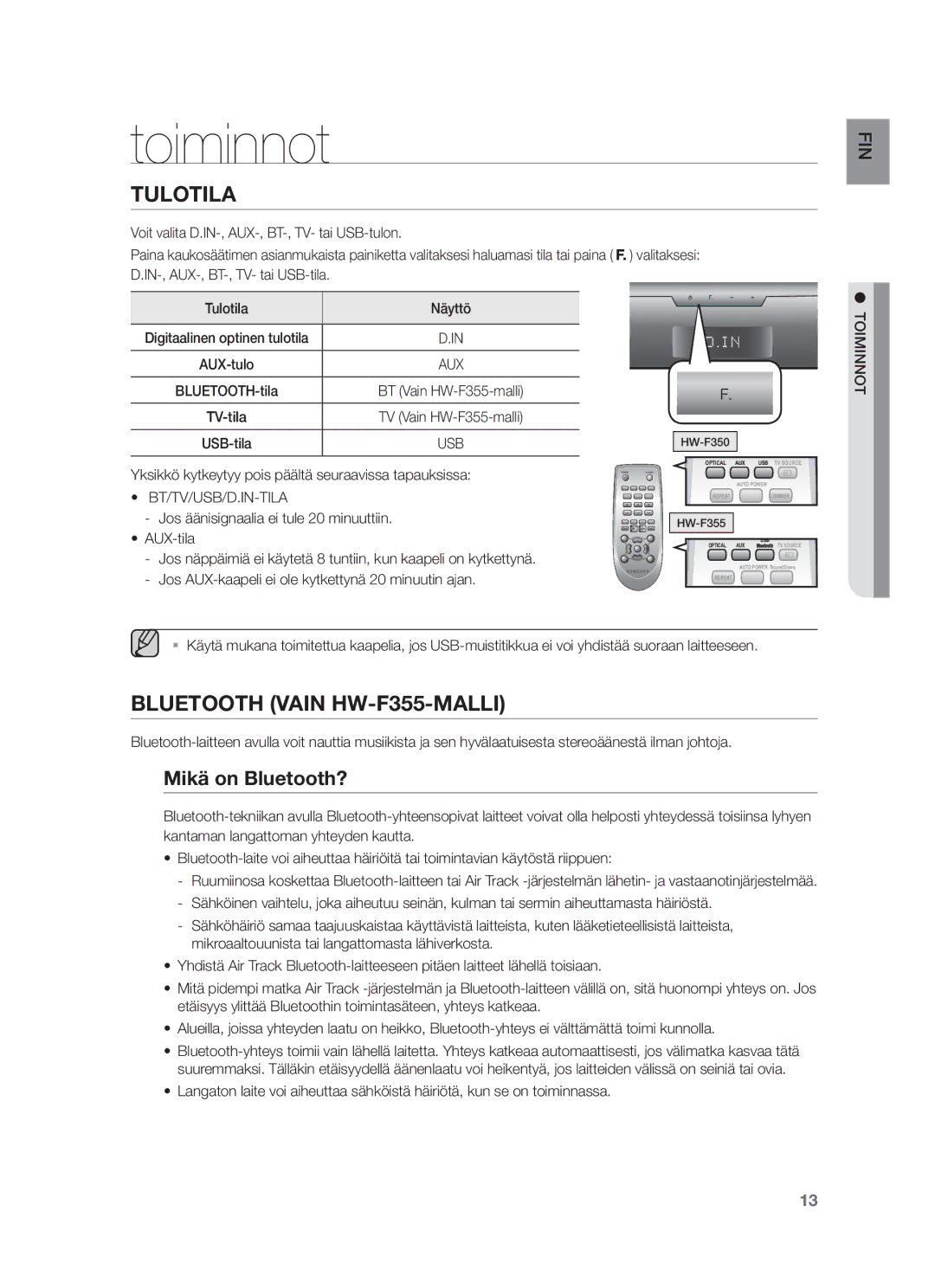 Samsung HW-F350/XE manual Toiminnot, Mikä on Bluetooth?, Bt/Tv/Usb/D.In-Tila 