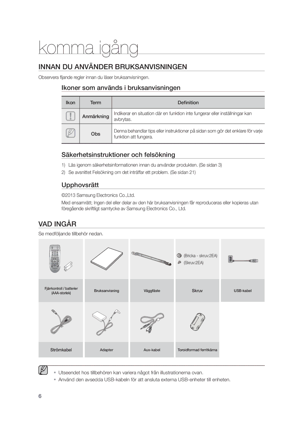 Samsung HW-F350/XE manual Komma igång, Innan DU Använder Bruksanvisningen, VAD Ingår 