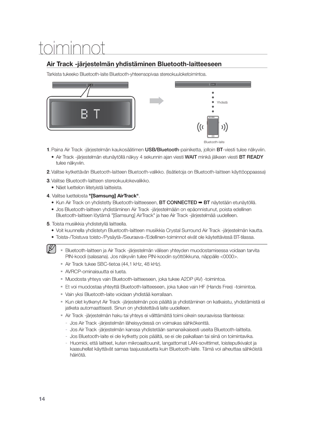 Samsung HW-F350/XE manual Air Track -järjestelmän yhdistäminen Bluetooth-laitteeseen 