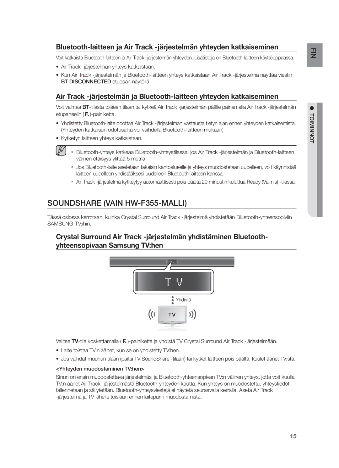 Samsung HW-F350/XE manual Soundshare Vain HW-F355-MALLI, Yhteyden muodostaminen TVhen, Yhdistä 