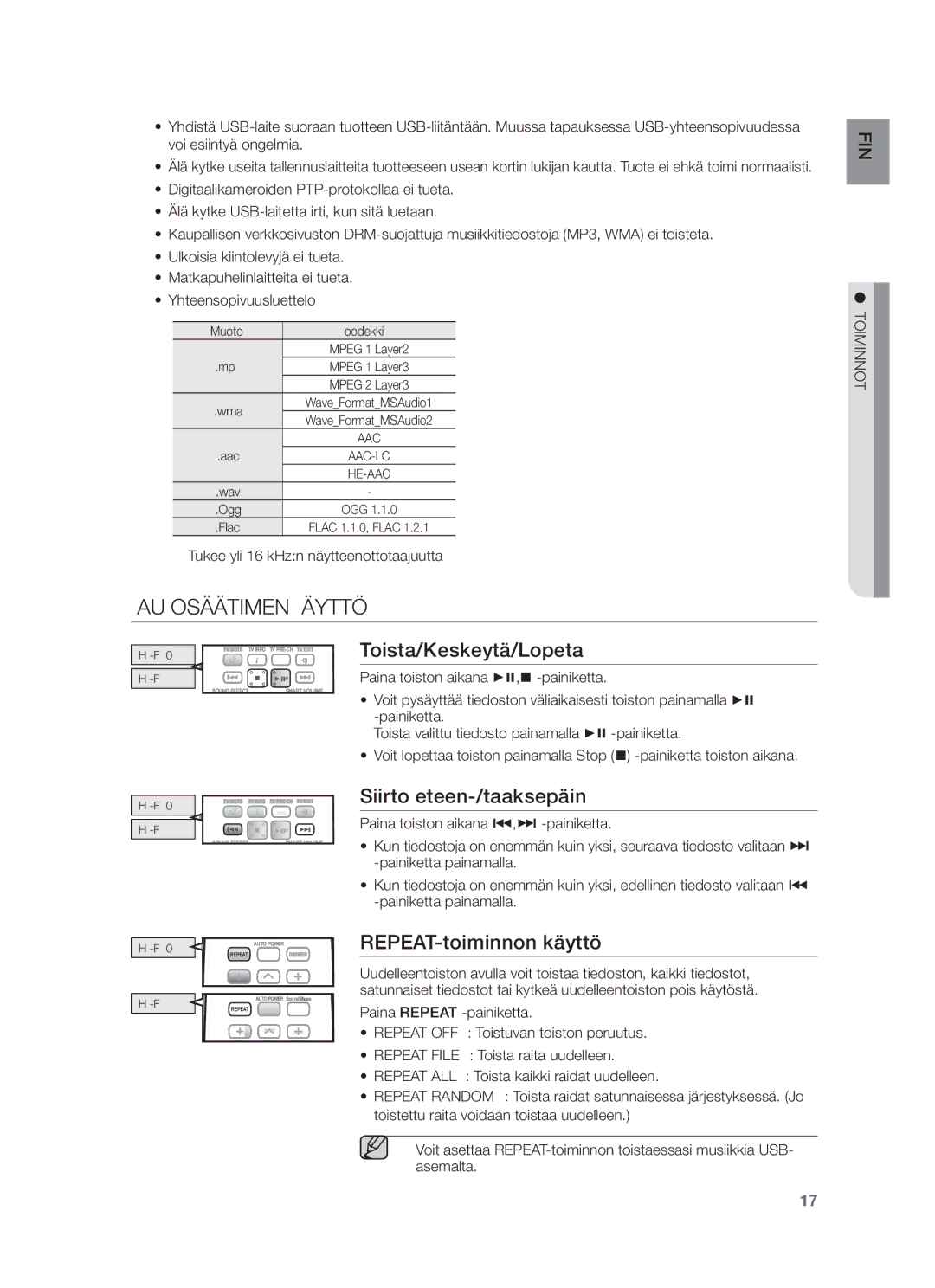 Samsung HW-F350/XE manual Kaukosäätimen Käyttö, Toista/Keskeytä/Lopeta, Siirto eteen-/taaksepäin, REPEAT-toiminnon käyttö 