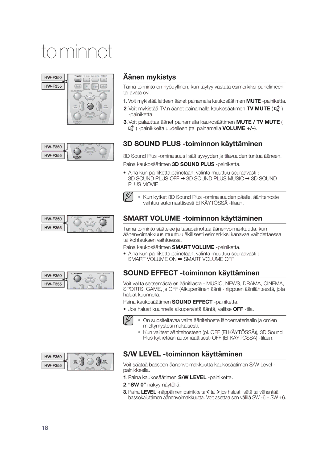 Samsung HW-F350/XE manual Äänen mykistys, 3D Sound Plus -toiminnon käyttäminen, Smart Volume -toiminnon käyttäminen 