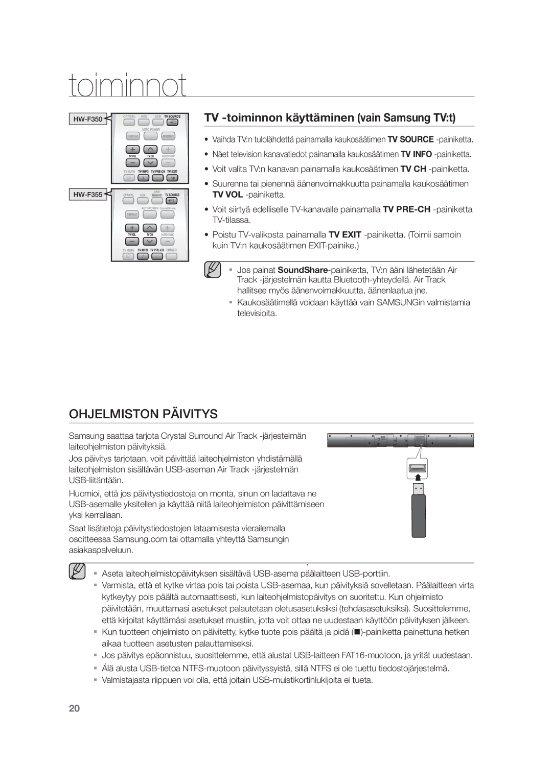 Samsung HW-F350/XE manual Ohjelmiston Päivitys, TV -toiminnon käyttäminen vain Samsung TVt 