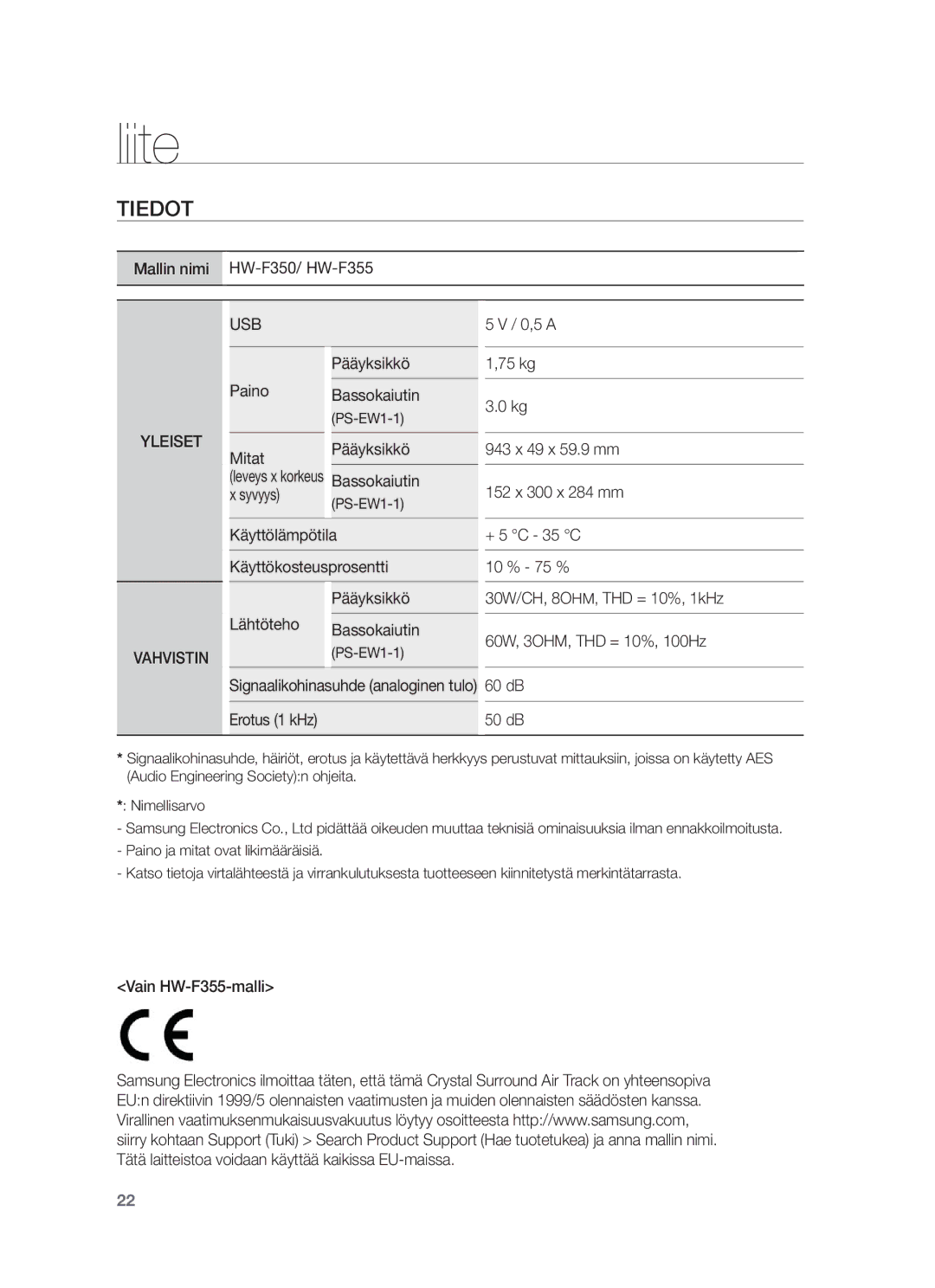 Samsung HW-F350/XE manual Liite, Tiedot, Signaalikohinasuhde analoginen tulo 