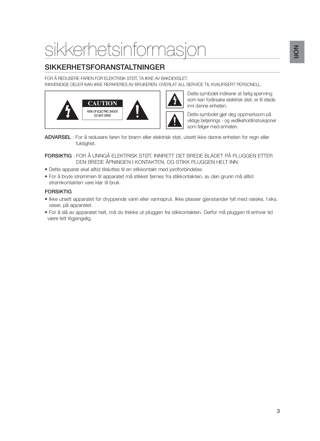 Samsung HW-F350/XE manual Sikkerhetsinformasjon, Sikkerhetsforanstaltninger, Forsiktig 