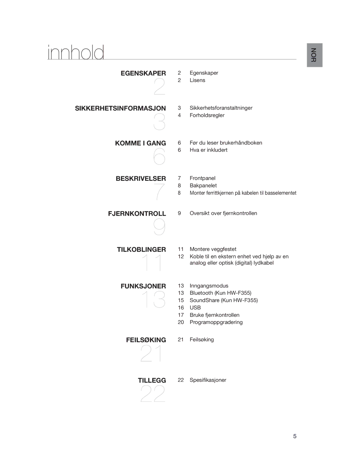 Samsung HW-F350/XE manual Innhold, Lisens, Sikkerhetsforanstaltninger, Hva er inkludert, Før du leser brukerhåndboken 