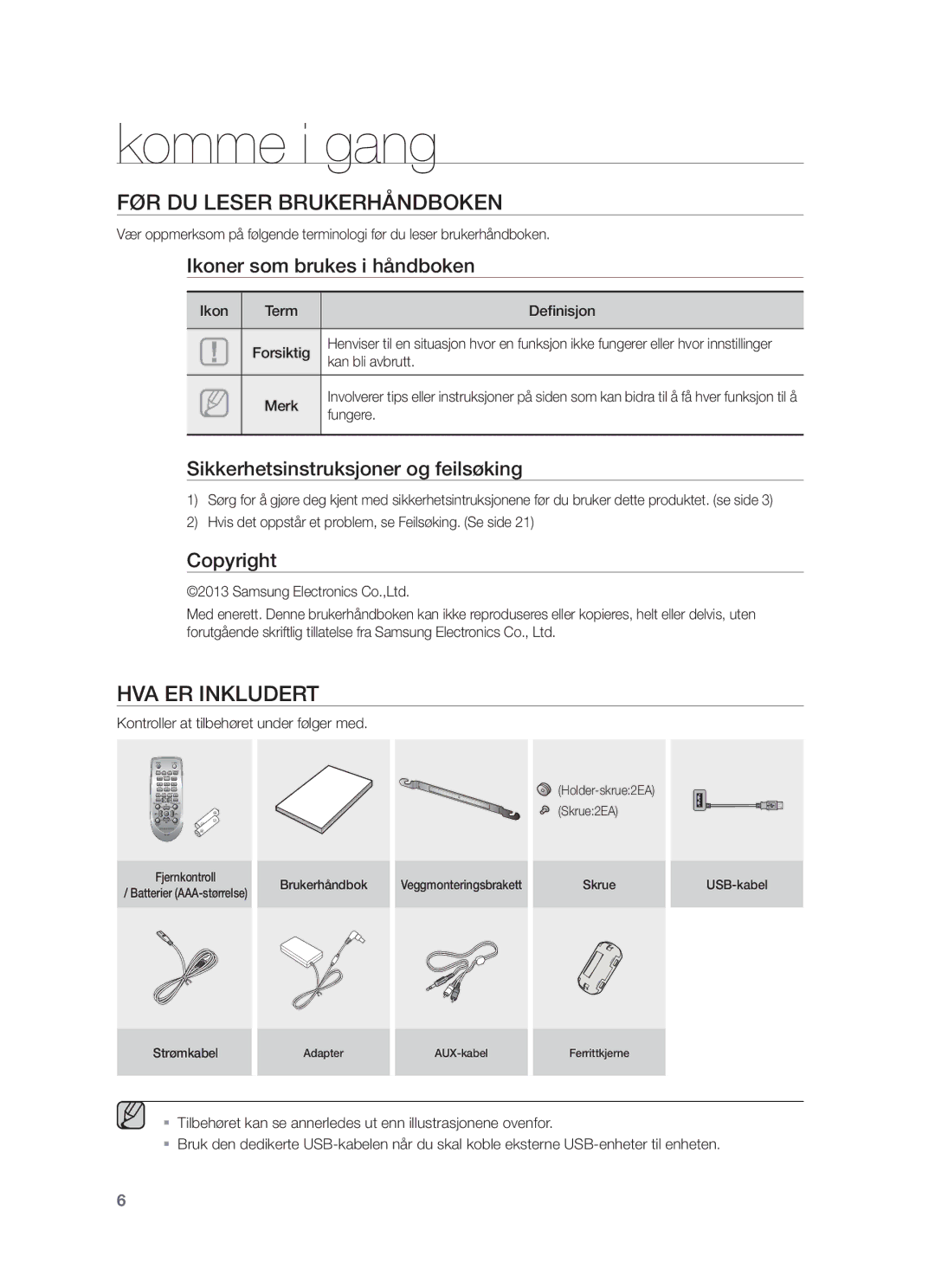 Samsung HW-F350/XE manual Komme i gang, FØR DU Leser Brukerhåndboken, HVA ER Inkludert 