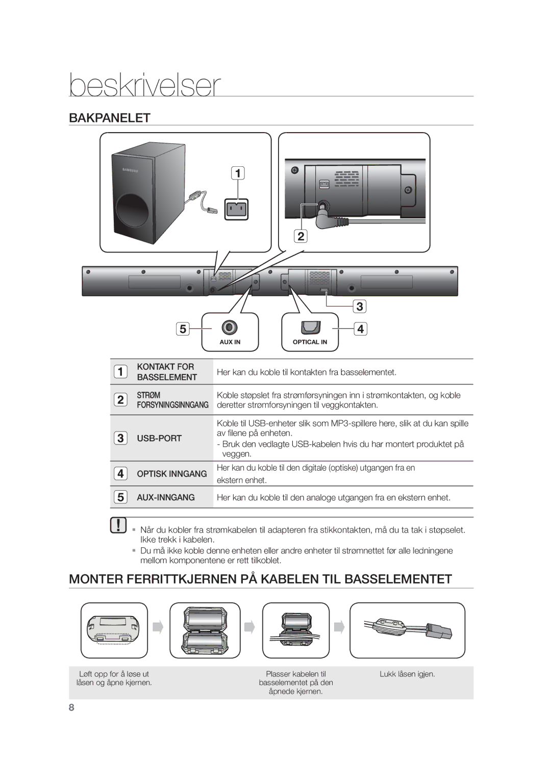 Samsung HW-F350/XE manual Bakpanelet, Monter Ferrittkjernen PÅ Kabelen TIL Basselementet, Kontakt for, Optisk Inngang 