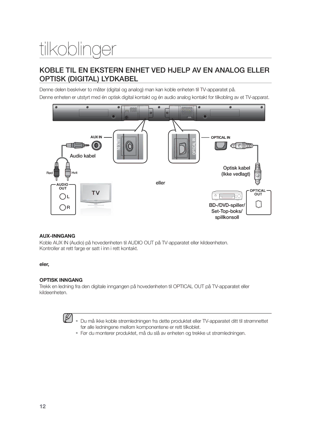 Samsung HW-F350/XE manual Optisk kabel, Aux-Inngang 