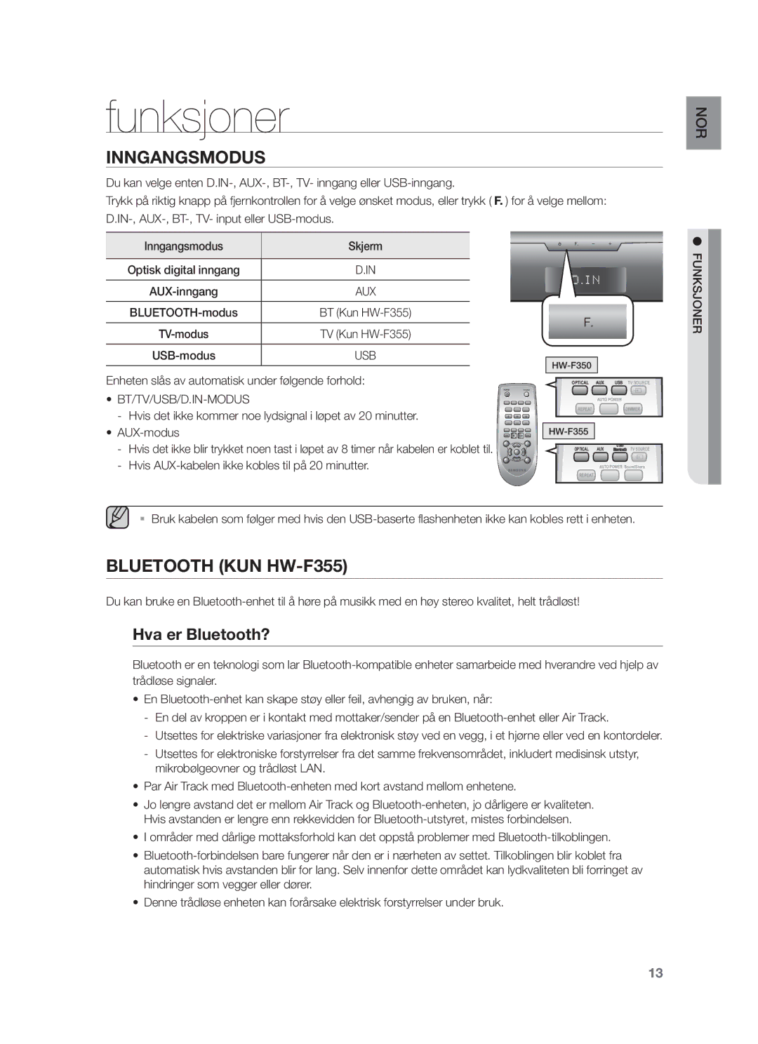 Samsung HW-F350/XE manual Funksjoner, Hva er Bluetooth?, Bt/Tv/Usb/D.In-Modus 