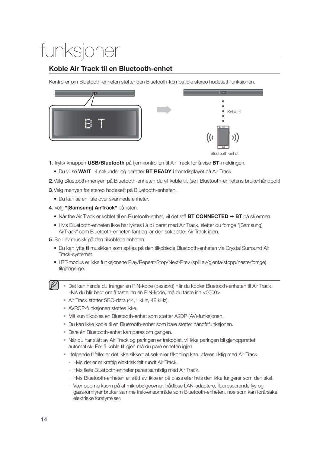 Samsung HW-F350/XE manual Koble Air Track til en Bluetooth-enhet, Velg Samsung AirTrack på listen 