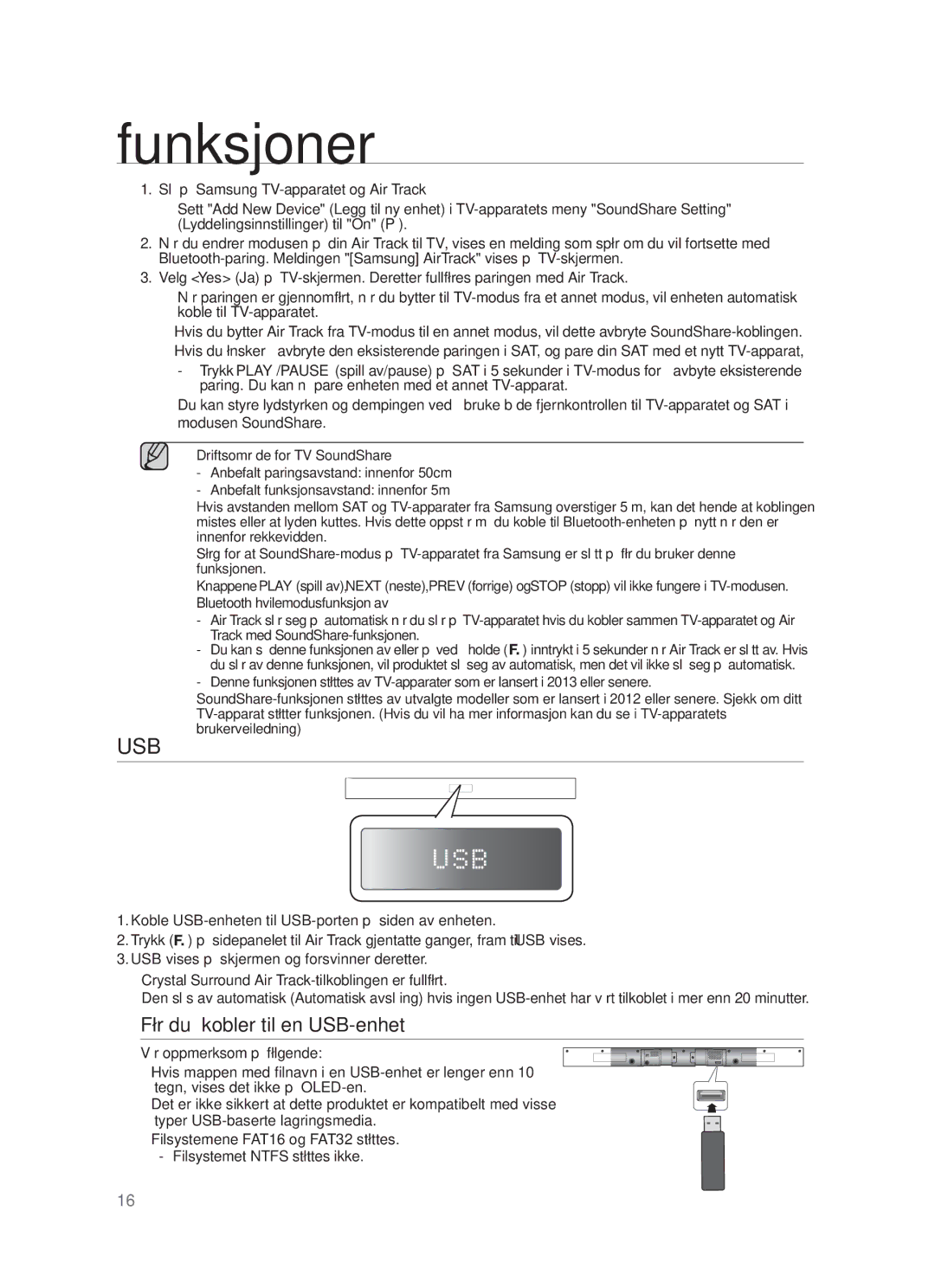 Samsung HW-F350/XE manual Før du kobler til en USB-enhet 