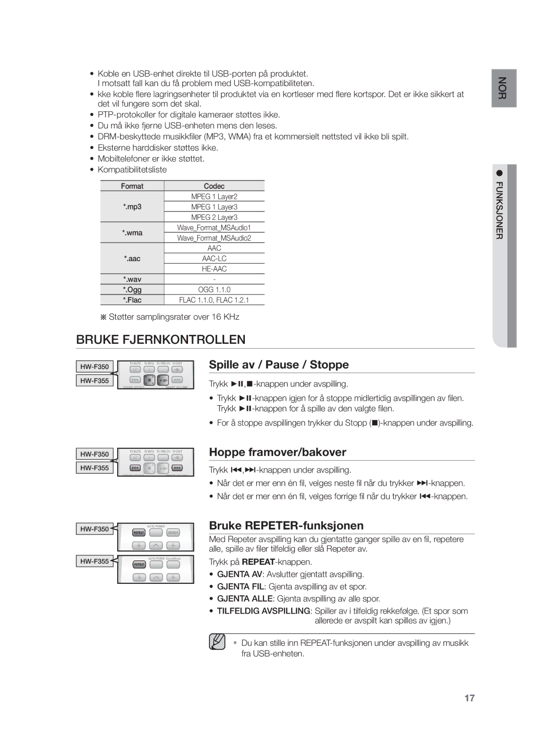 Samsung HW-F350/XE Bruke Fjernkontrollen, Spille av / Pause / Stoppe, Hoppe framover/bakover, Bruke REPETER-funksjonen 