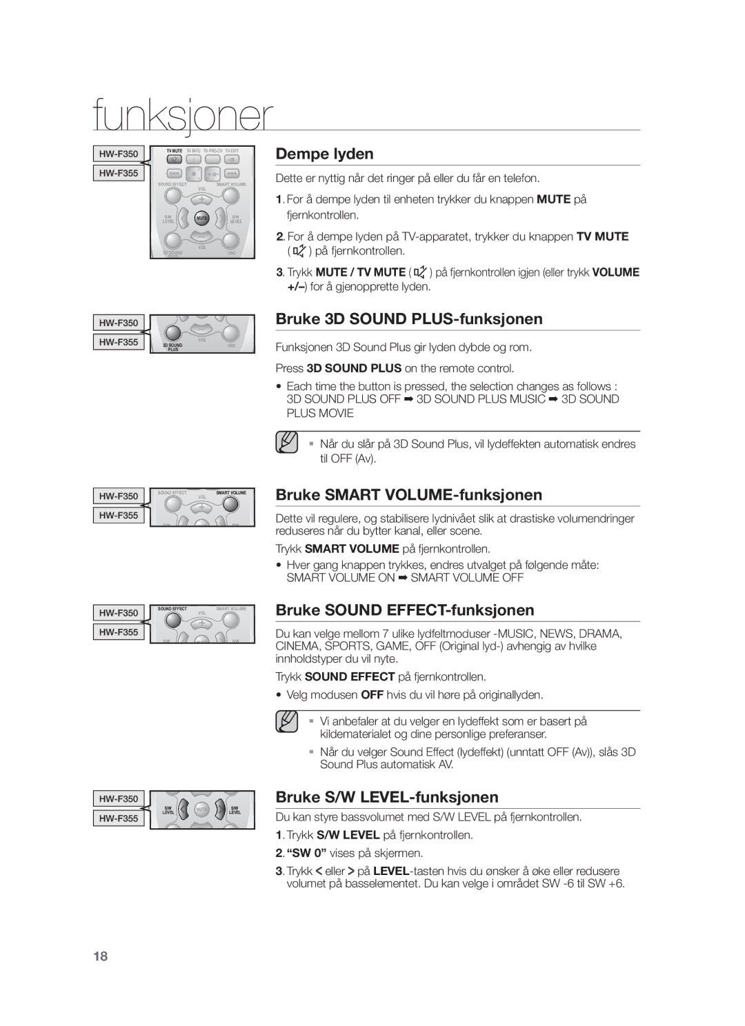 Samsung HW-F350/XE Dempe lyden, Bruke Smart VOLUME-funksjonen, Bruke Sound EFFECT-funksjonen, Bruke S/W LEVEL-funksjonen 