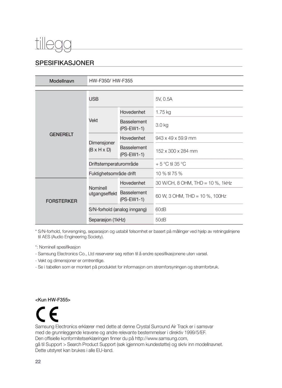 Samsung HW-F350/XE manual Tillegg, Spesifikasjoner, Utgangseffekt Basselement PS-EW1-1, Dimensjoner B x H x D 