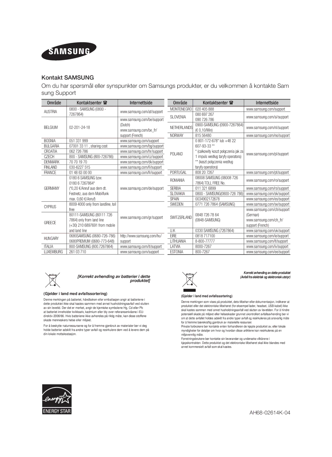 Samsung HW-F350/XE manual Område Kontaktsenter Internettside, Korrekt avhending av batterier i dette produktet 