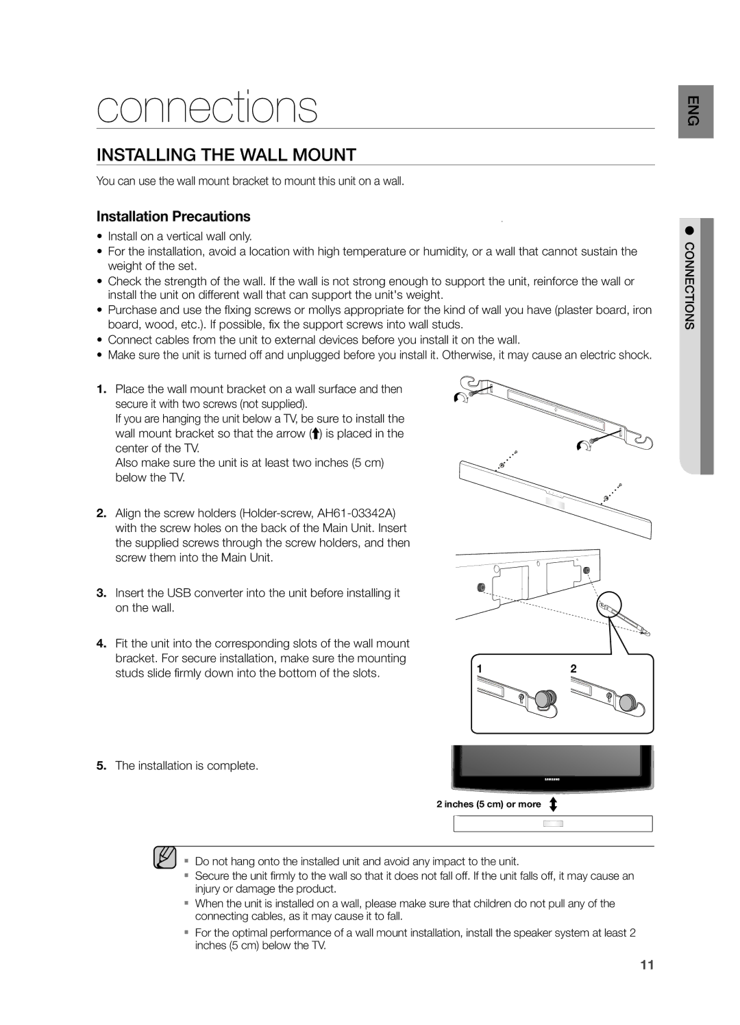 Samsung HWF355ZA, HW-F355 user manual Connections, INSTAllING the WAll Mount, EnG ections conn 