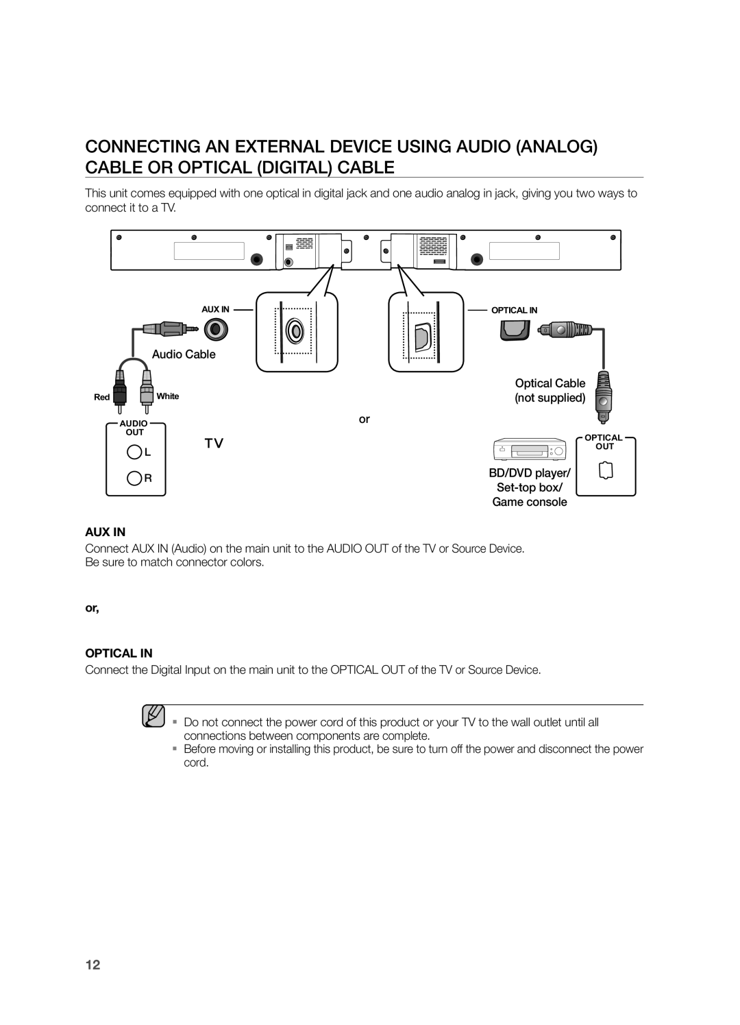 Samsung HW-F355, HWF355ZA user manual Audio Cable, Optical Cable, Not supplied, Set-top box 