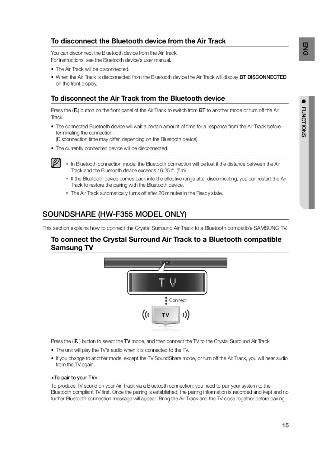 Samsung HWF355ZA Soundshare HW-F355 model only, To disconnect the Bluetooth device from the Air Track, Functions 