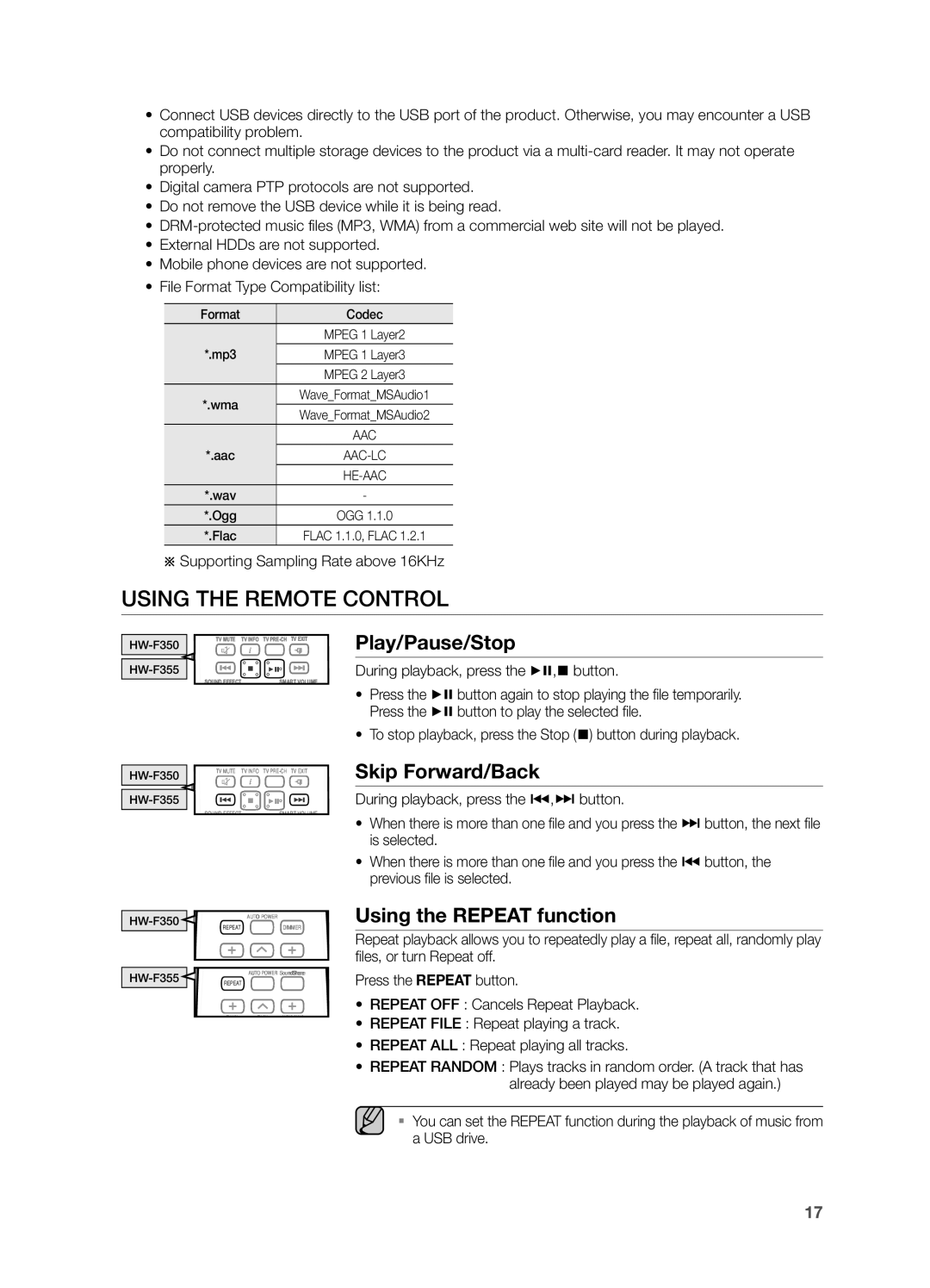 Samsung HWF355ZA, HW-F355 user manual Play/Pause/Stop, Skip Forward/Back, Using the Repeat function 