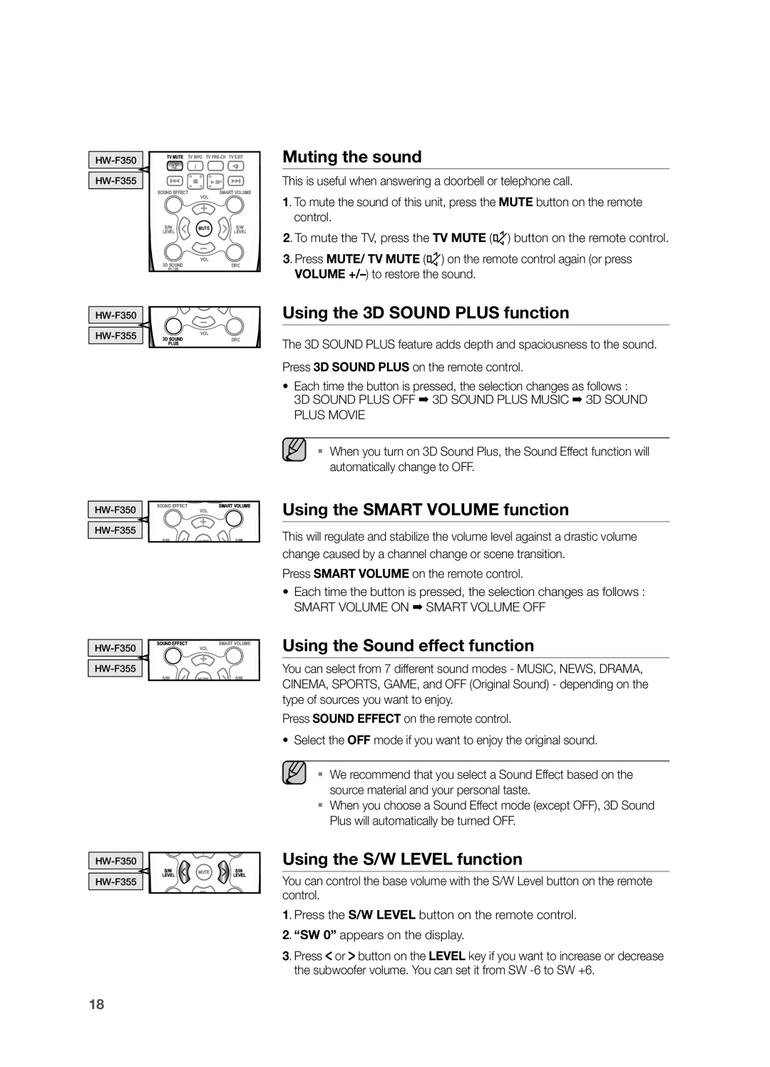 Samsung HW-F355, HWF355ZA user manual Muting the sound, Using the 3D Sound Plus function, Using the Smart Volume function 