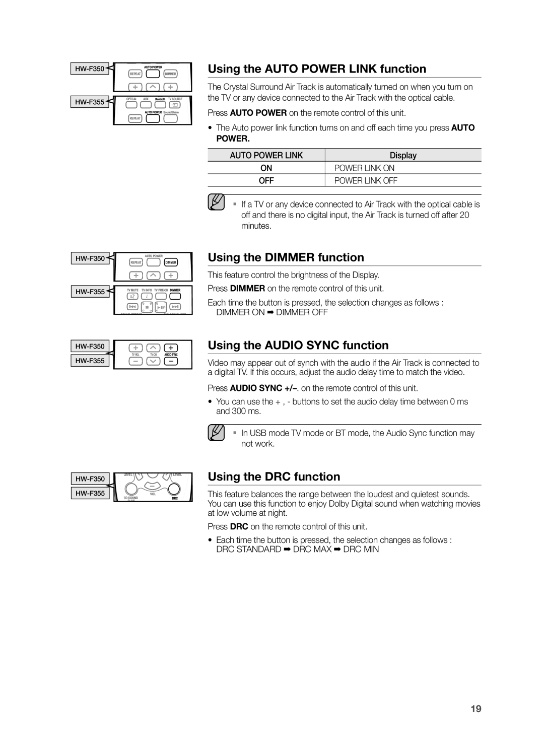 Samsung HWF355ZA, HW-F355 Using the Auto Power Link function, Using the Dimmer function, Using the Audio Sync function 