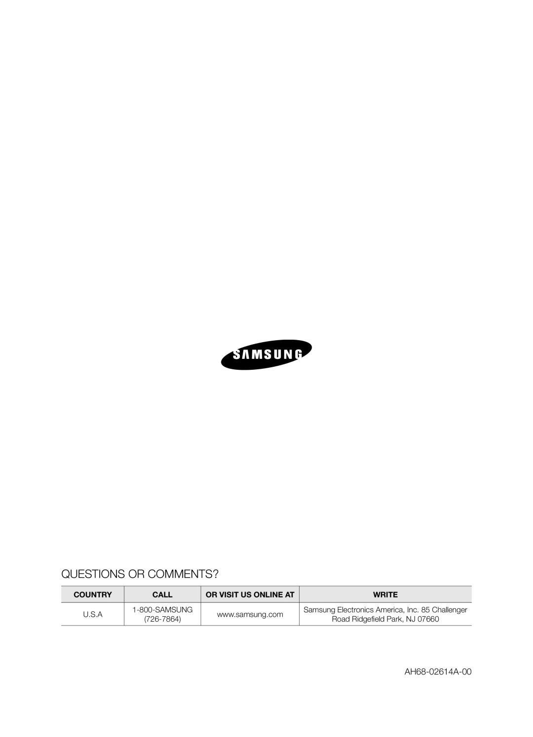 Samsung HW-F355, HWF355ZA user manual Questions or COMMENTS?, AH68-02614A-00 