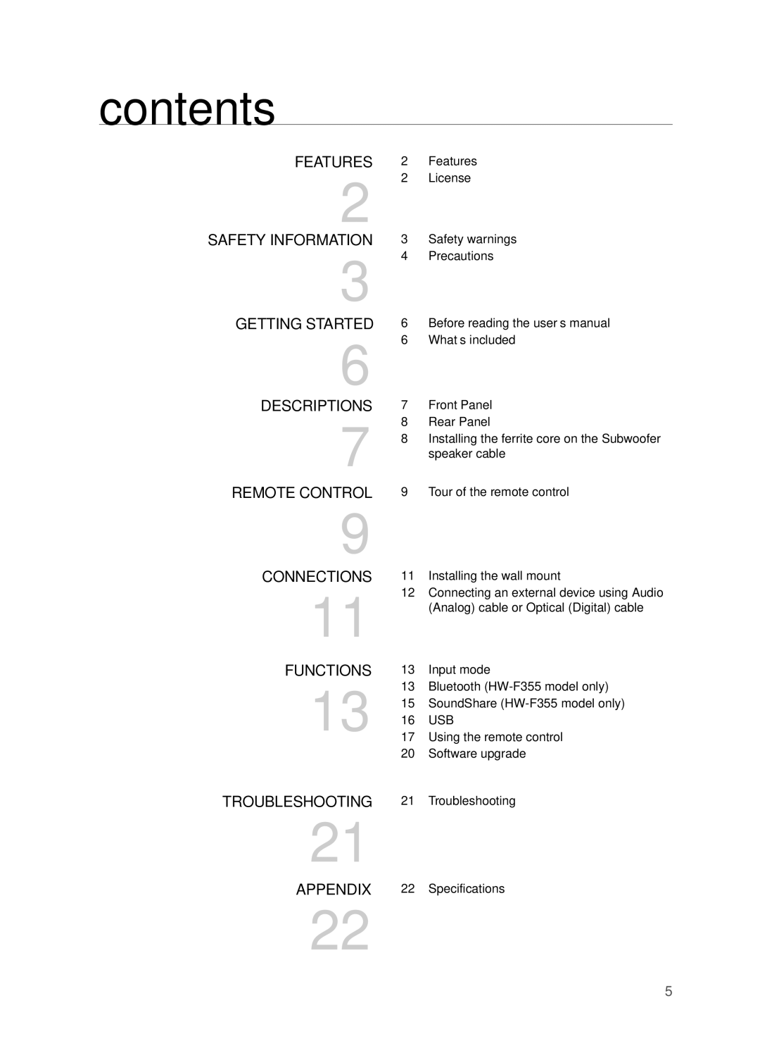 Samsung HWF355ZA, HW-F355 user manual Contents 