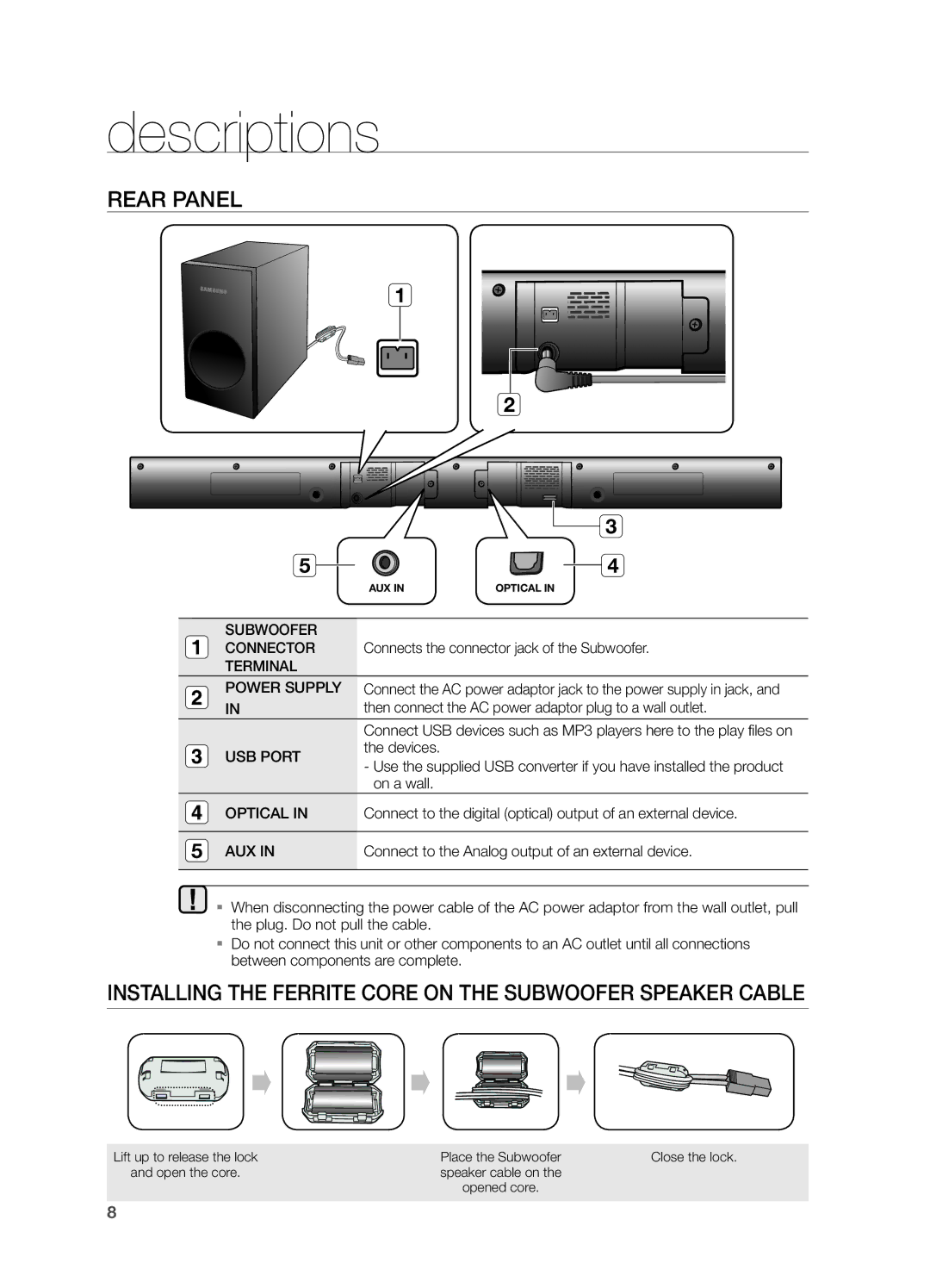 Samsung HW-F355, HWF355ZA user manual Rear Panel, Installing the Ferrite Core on the Subwoofer Speaker Cable 