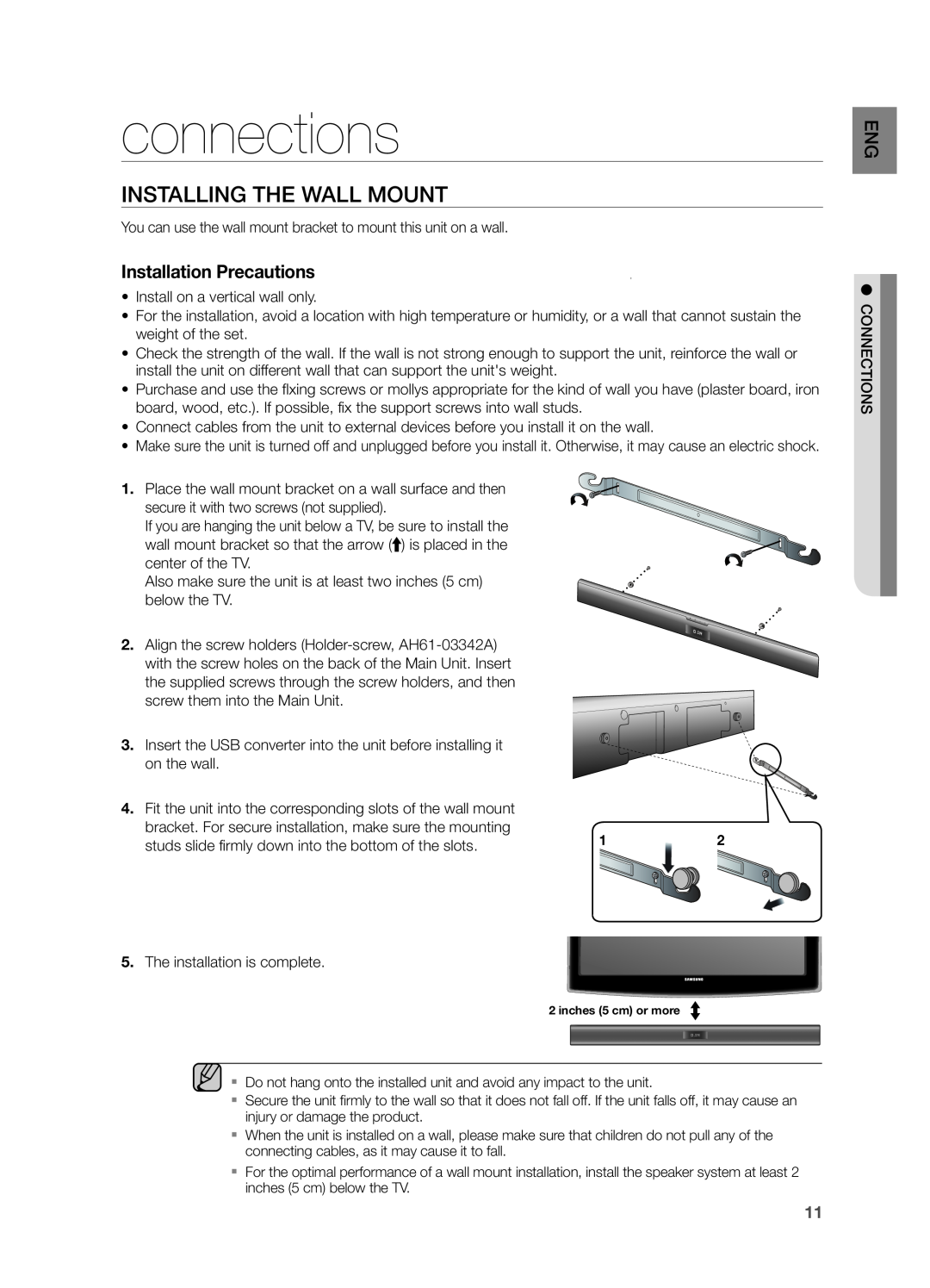 Samsung HWF355ZA, HW-F355 user manual connections, INSTAllING THE WAll MOUNT, Installation Precautions 