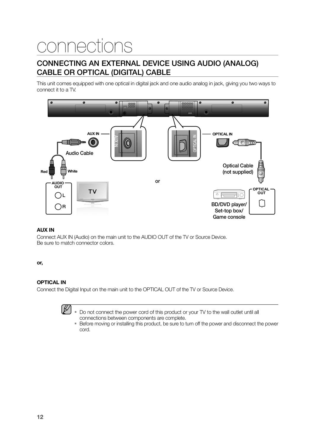 Samsung HW-F355, HWF355ZA user manual connections, Aux In, or OPTICAL IN 