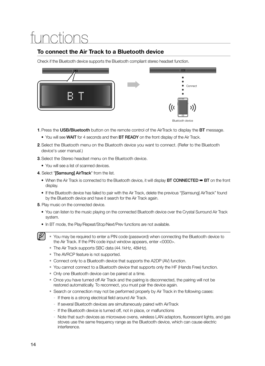 Samsung HW-F355, HWF355ZA user manual To connect the Air Track to a Bluetooth device, functions 