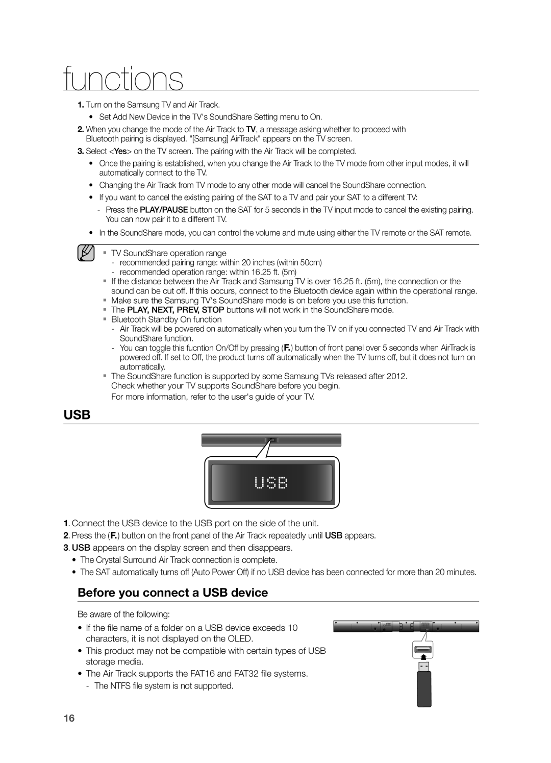 Samsung HW-F355, HWF355ZA user manual Before you connect a USB device, functions 