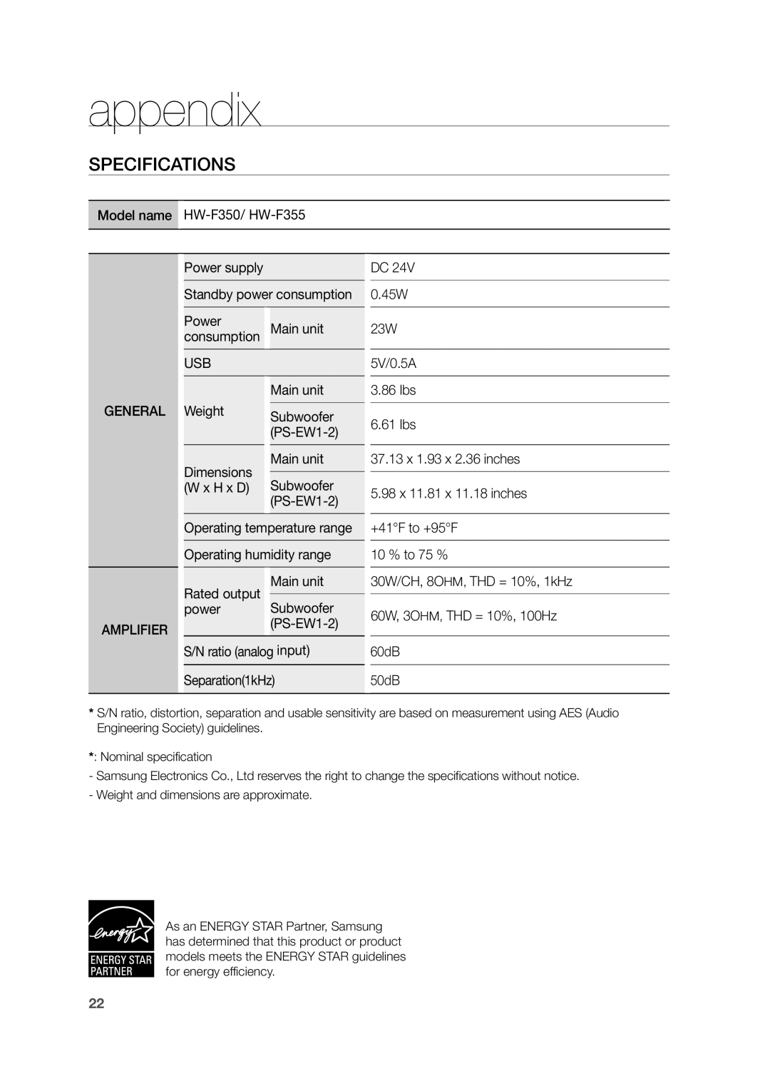 Samsung HW-F355, HWF355ZA user manual appendix, Specifications 