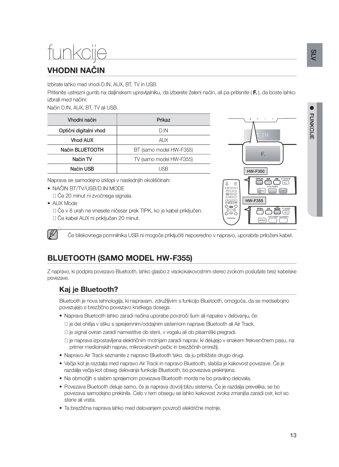 Samsung HW-F355/EN, HW-F350/XN, HW-F350/EN manual Funkcije, Vhodni Način, Bluetooth Samo Model HW-F355, Kaj je Bluetooth? 