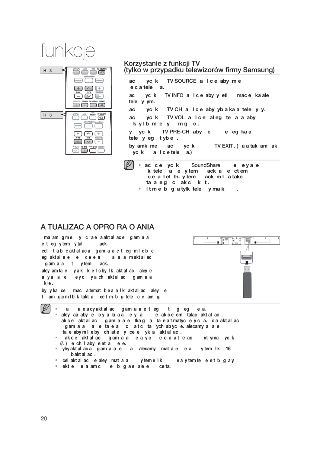 Samsung HW-F355/EN, HW-F350/XN manual Aktualizacja Oprogramowania, Pilot może obsługiwać tylko telewizory marki Samsung 