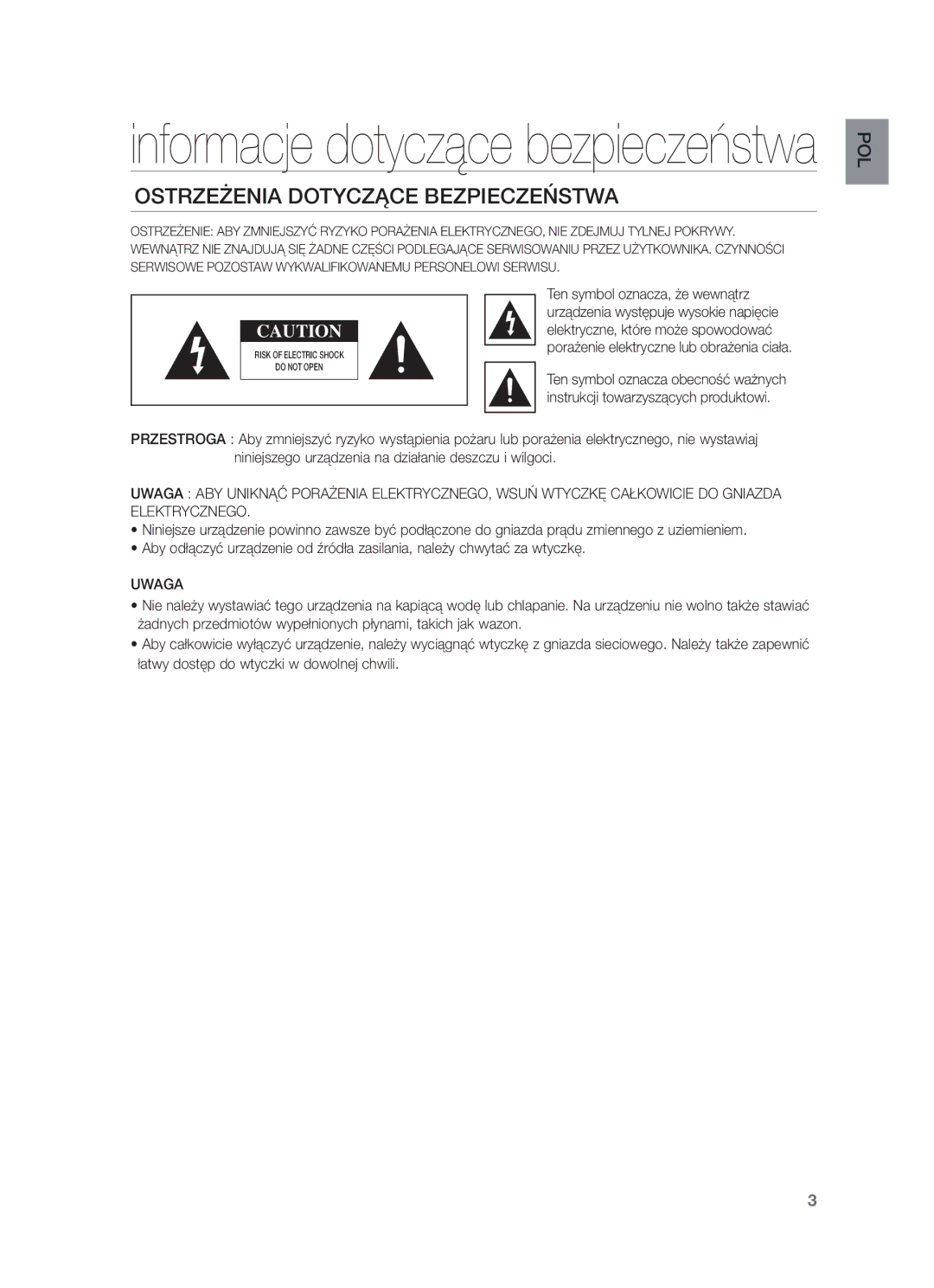 Samsung HW-F350/XE, HW-F355/EN, HW-F350/XN, HW-F350/EN, HW-F355/XE manual Ostrzeżenia Dotyczące Bezpieczeństwa, Uwaga 