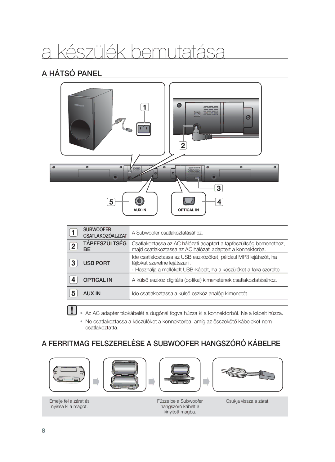 Samsung HW-F350/XN, HW-F355/EN, HW-F350/EN, HW-F350/XE Hátsó Panel, Ferritmag Felszerelése a Subwoofer Hangszóró Kábelre 