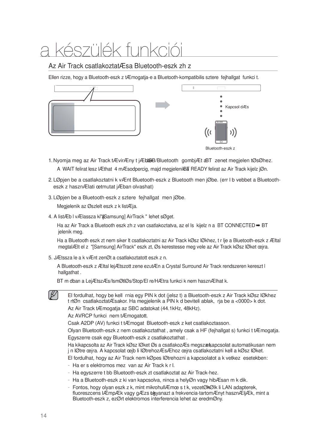 Samsung HW-F350/EN, HW-F355/EN, HW-F350/XN, HW-F350/XE, HW-F355/XE manual Az Air Track csatlakoztatása Bluetooth-eszközhöz 