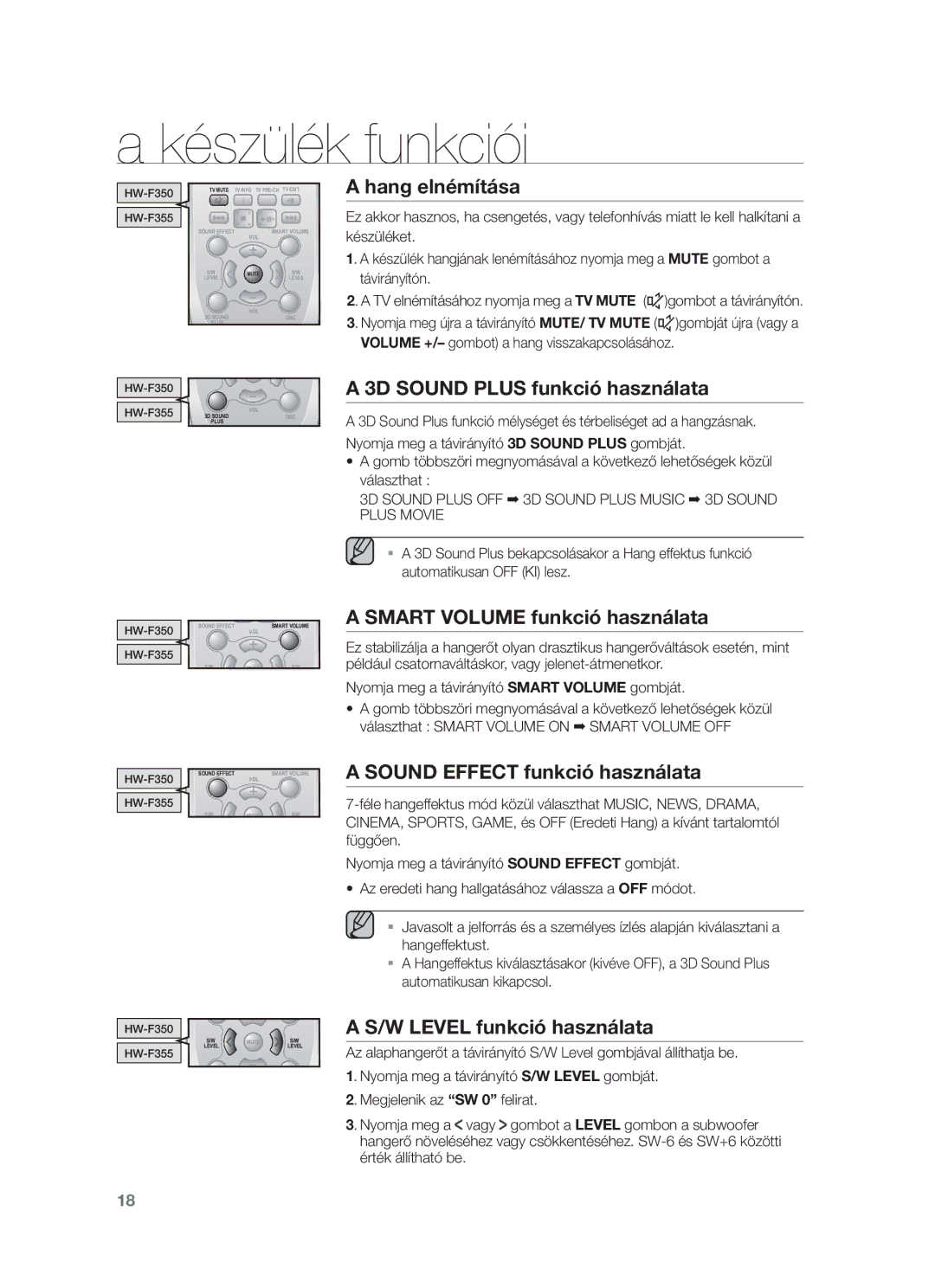 Samsung HW-F350/XN, HW-F355/EN manual Hang elnémítása, 3D Sound Plus funkció használata, Smart Volume funkció használata 