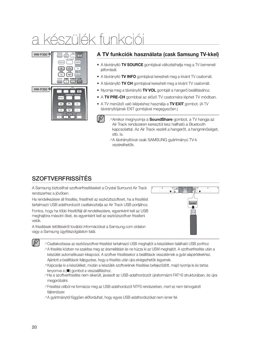 Samsung HW-F350/XE, HW-F355/EN, HW-F350/XN, HW-F350/EN manual Szoftverfrissítés, TV funkciók használata cask Samsung TV-kkel 