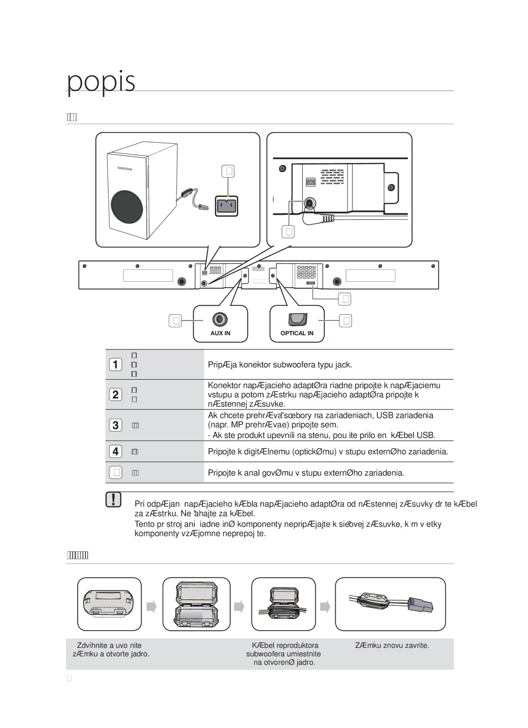 Samsung HW-F355/XE, HW-F355/EN, HW-F350/XN, HW-F350/EN Zadný Panel, Montáž Feritového Jadra NA Kábel Reproduktora Subwoofera 