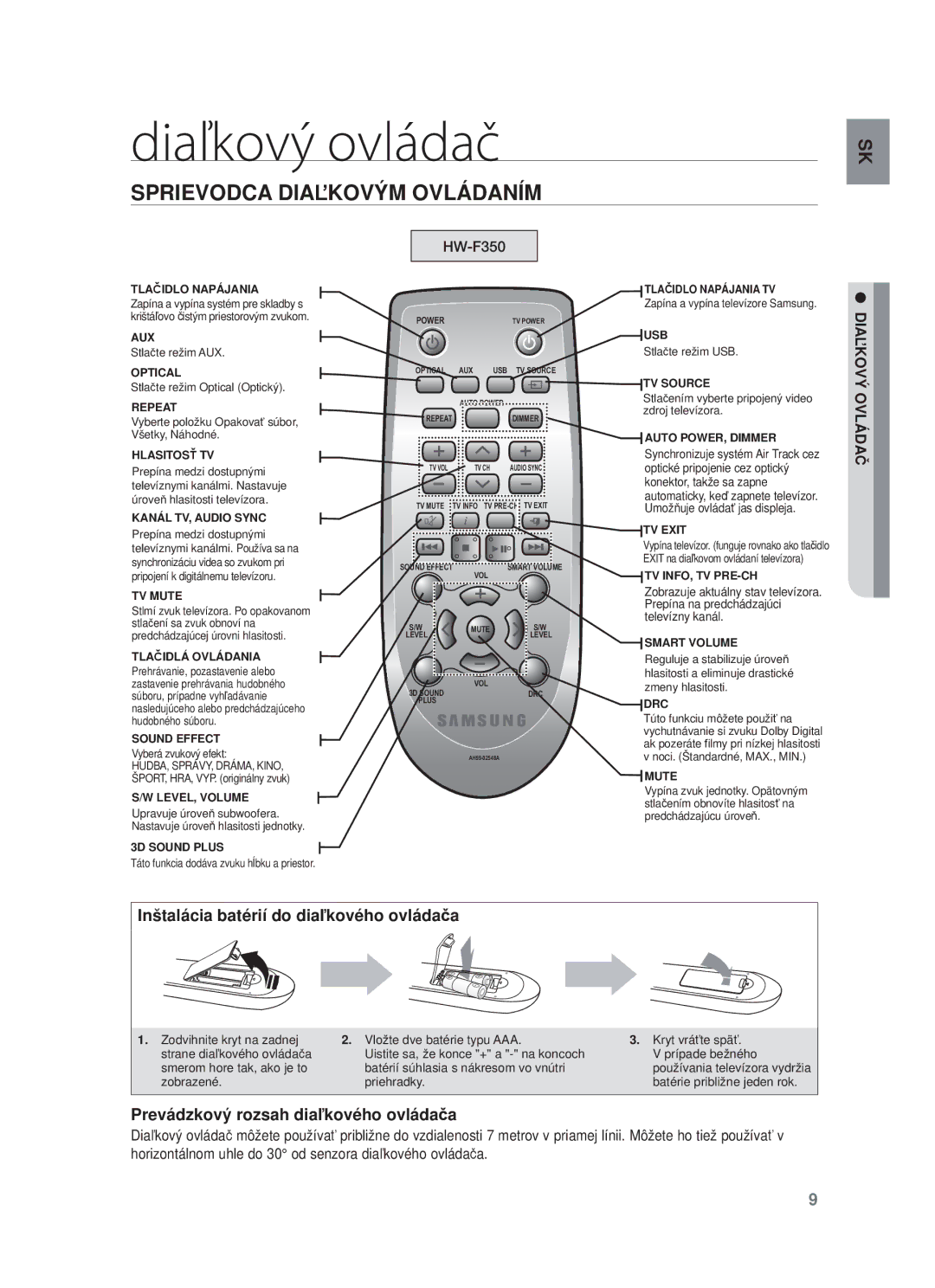 Samsung HW-F355/EN, HW-F350/XN Diaľkový ovládač, Sprievodca Diaľkovým Ovládaním, Inštalácia batérií do diaľkového ovládača 
