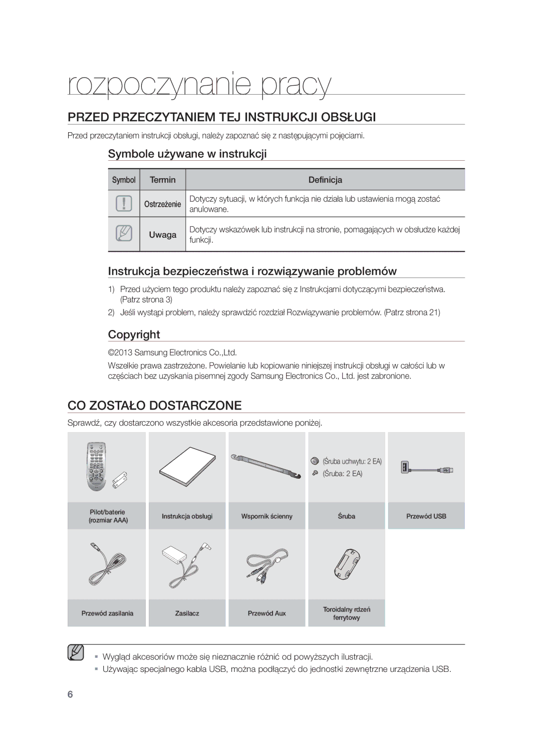 Samsung HW-F350/XN, HW-F355/EN Rozpoczynanie pracy, Przed Przeczytaniem TEJ Instrukcji Obsługi, CO Zostało Dostarczone 