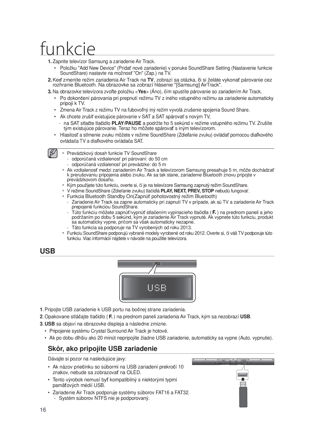 Samsung HW-F350/EN, HW-F355/EN, HW-F350/XN, HW-F350/XE, HW-F355/XE manual Usb, Skôr, ako pripojíte USB zariadenie 