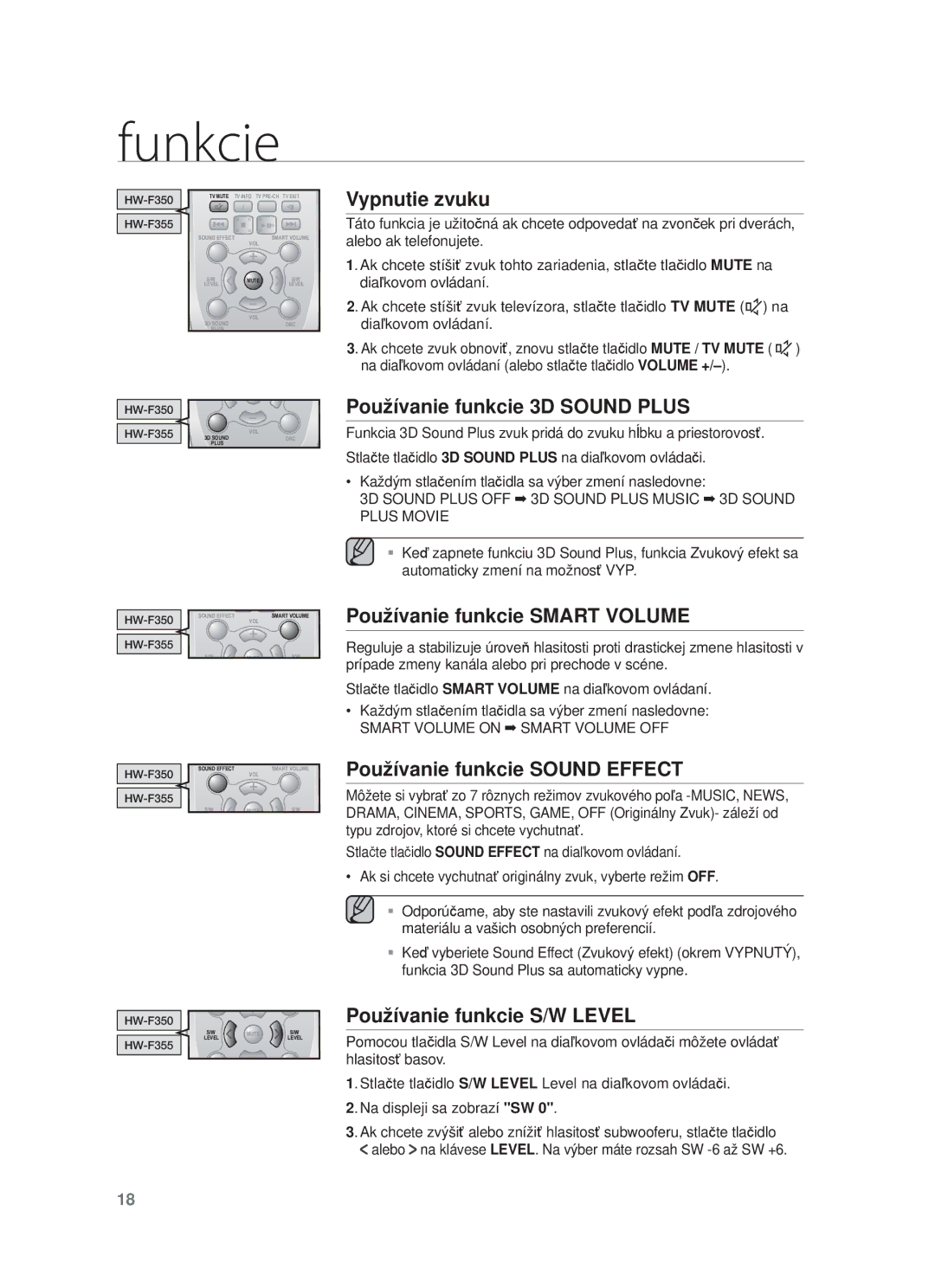 Samsung HW-F355/XE, HW-F355/EN manual Vypnutie zvuku, Používanie funkcie 3D Sound Plus, Používanie funkcie Smart Volume 