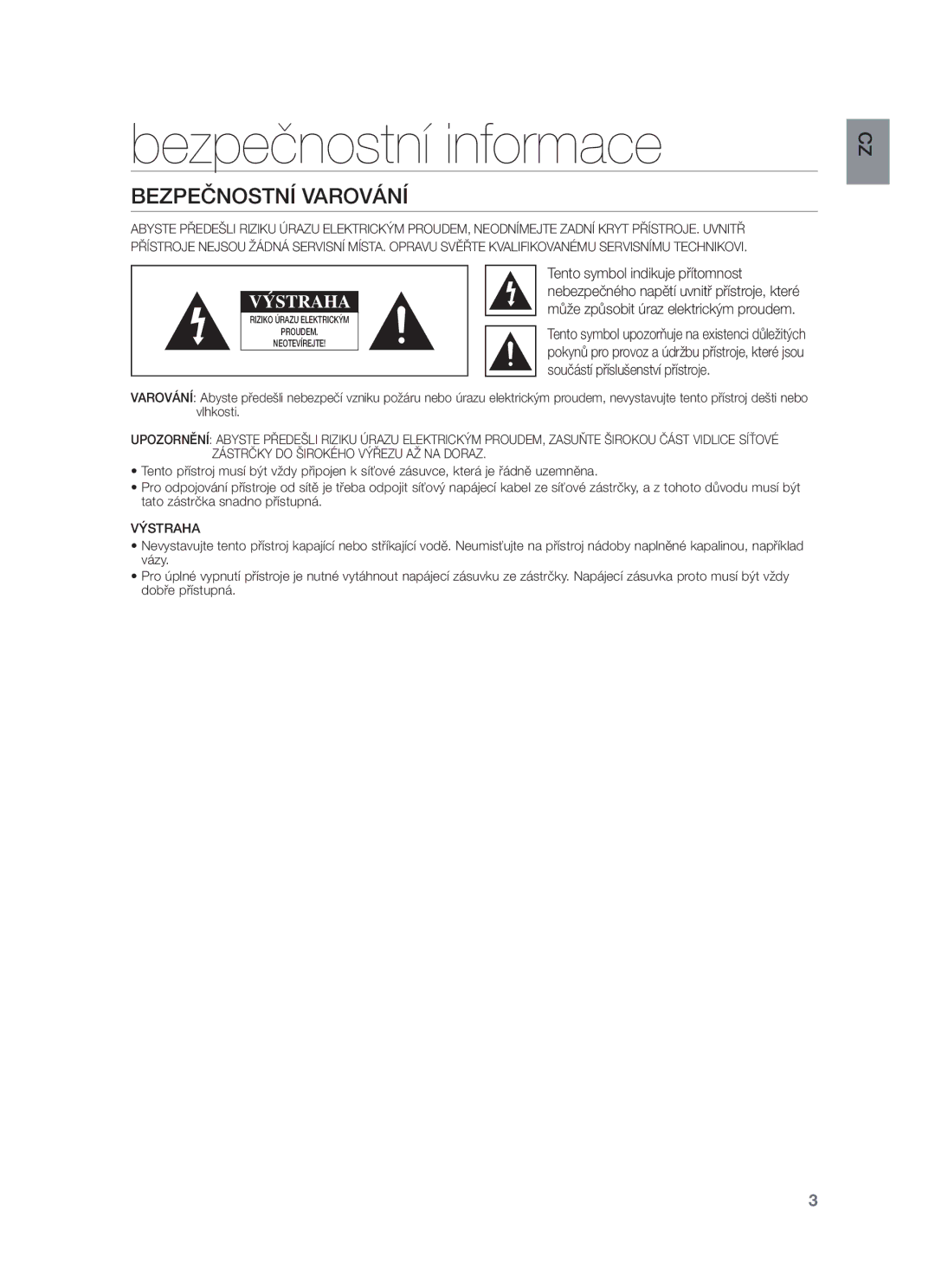 Samsung HW-F350/EN, HW-F355/EN, HW-F350/XN Bezpečnostní informace, Bezpečnostní Varování, Tento symbol indikuje přítomnost 