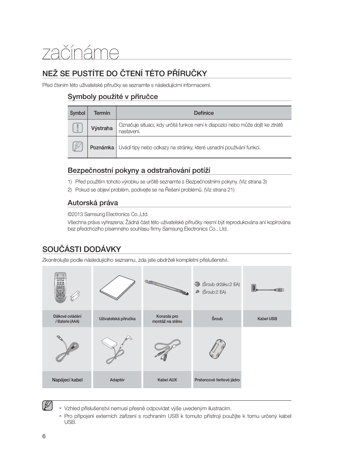 Samsung HW-F355/EN, HW-F350/XN manual Začínáme, NEŽ SE Pustíte do Čtení Této Příručky, Součásti Dodávky, Definice, Nastavení 